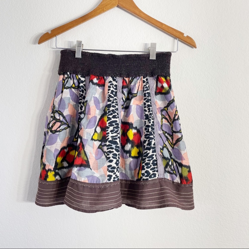 Free People Boho Multicolor Leopard Leaf Patchwork Panels Mini Skirt Size XS